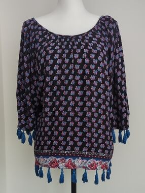 Kensie Navy Floral Tassel Border Tunic